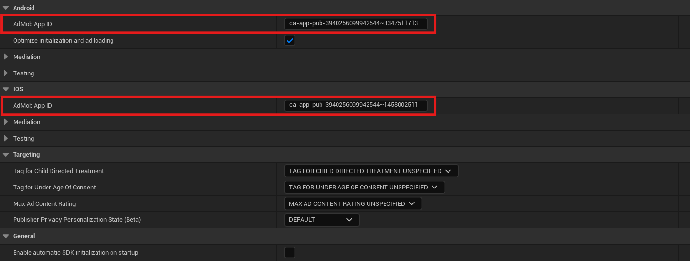 AdMob App ID fields example