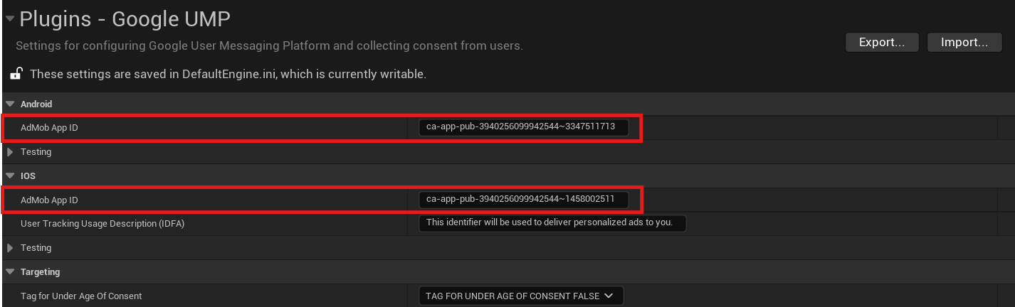 AdMob App ID fields example